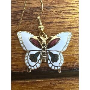 Cloisonne Butterfly Dangle Earrings Gold Tone White Red Green Vintage Jewelry